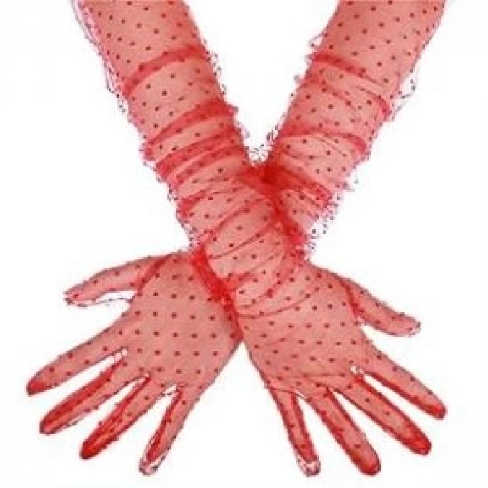 Mey İthalat® Uzun Boy Kırmızı Puantiyeli Kırmızı Renk Yetişkin Tül Eldiven 55 cm