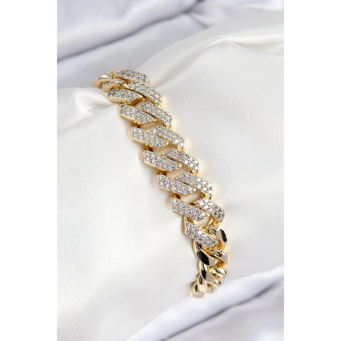 Mey İthalat® VIP Pirinç Zirkon Taşlı Cuba Model Gold Renk Kadın Bileklik