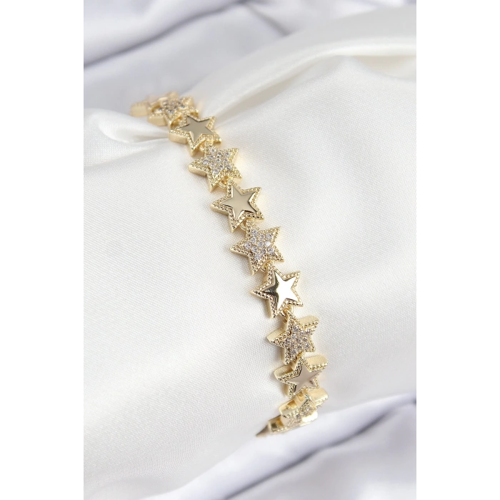 Mey İthalat® VIP Pirinç Zirkon Taşlı Yıldız Model Gold Renk Kadın Bileklik