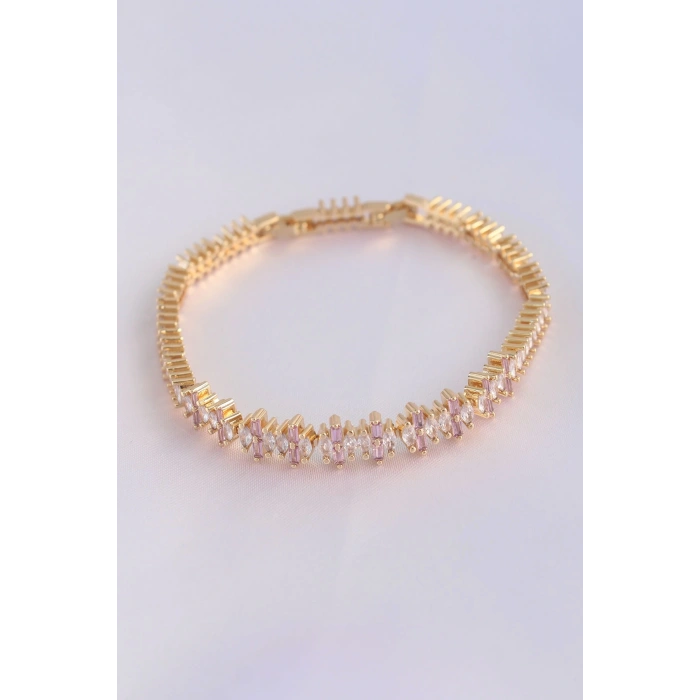 Mey İthalat® Vip Seri Pirinç Pembe Zirkon Taşlı Gold Renk Baget Model Bileklik