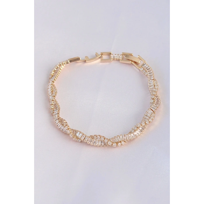 Mey İthalat® Vip Seri Pirinç Zirkon Taşlı Gold Renk Sarmal Model Bileklik