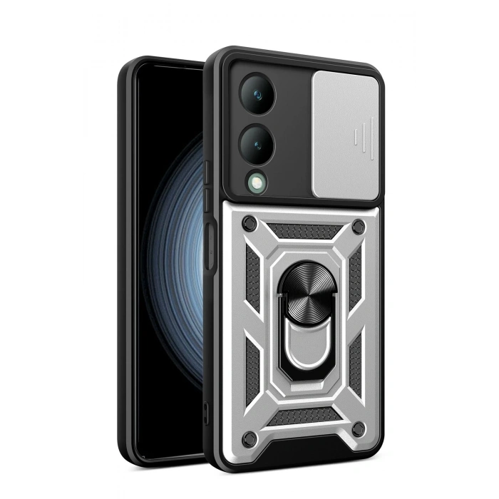 Mey İthalat®  Vivo Y17S Kılıf Pars Lens Yüzüklü Silikon - Gümüş