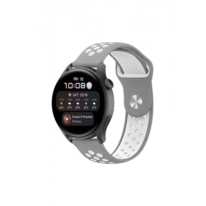 Mey İthalat®  Watch 20mm Spor Delikli Kordon - Gri-Beyaz
