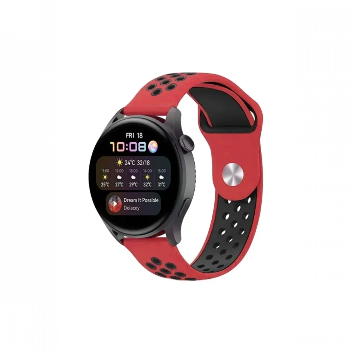Mey İthalat®  Watch 20mm Spor Delikli Kordon - Kırmızı-Siyah