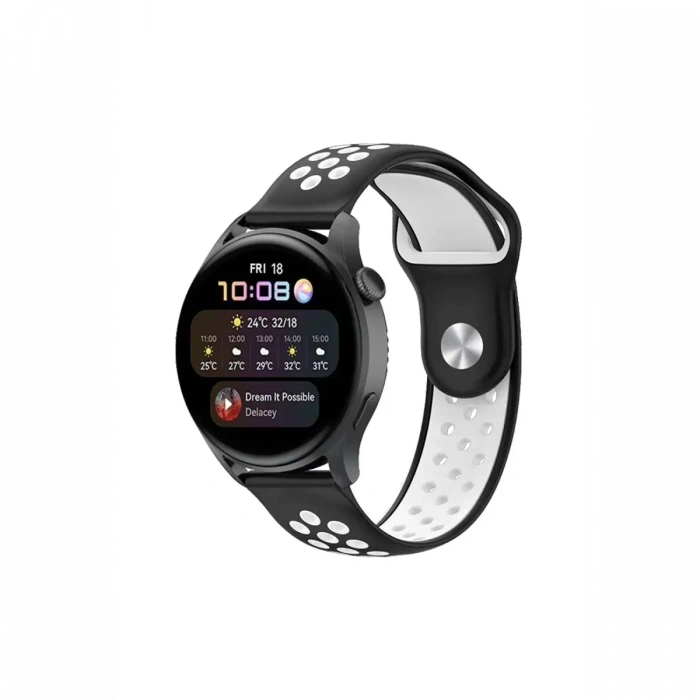 Mey İthalat®  Watch 20mm Spor Delikli Kordon - Siyah-Beyaz