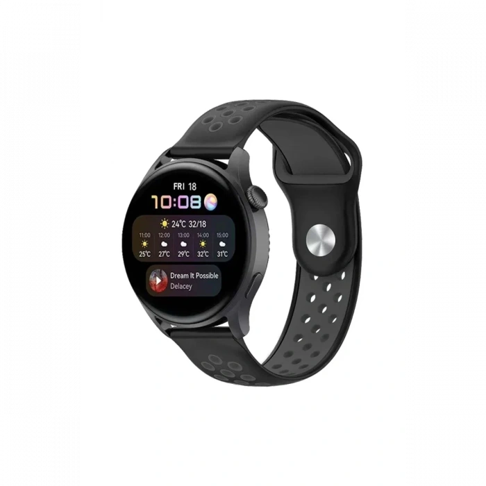 Mey İthalat®  Watch 20mm Spor Delikli Kordon - Siyah-Füme
