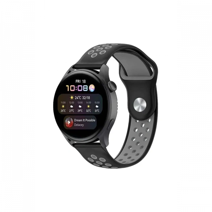 Mey İthalat®  Watch 20mm Spor Delikli Kordon - Siyah-Gri