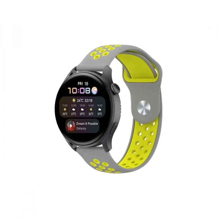 Mey İthalat®  Watch 22mm Spor Delikli Kordon - Gri-Yeşil