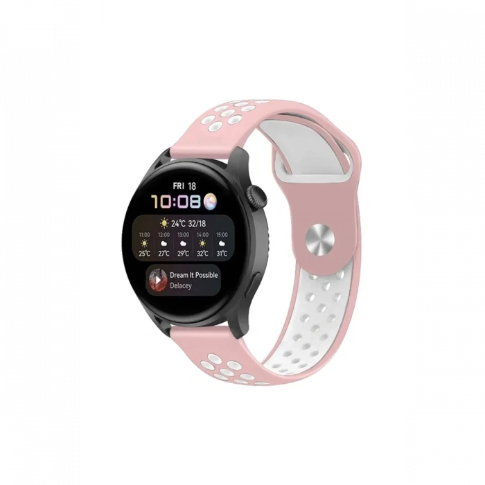 Mey İthalat®  Watch 22mm Spor Delikli Kordon - Pembe-Beyaz