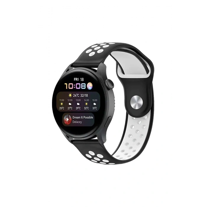 Mey İthalat®  Watch 22mm Spor Delikli Kordon - Siyah-Beyaz
