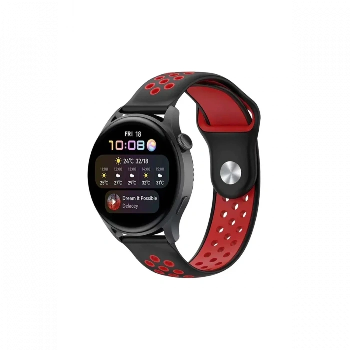 Mey İthalat®  Watch 22mm Spor Delikli Kordon - Siyah-Kırmızı