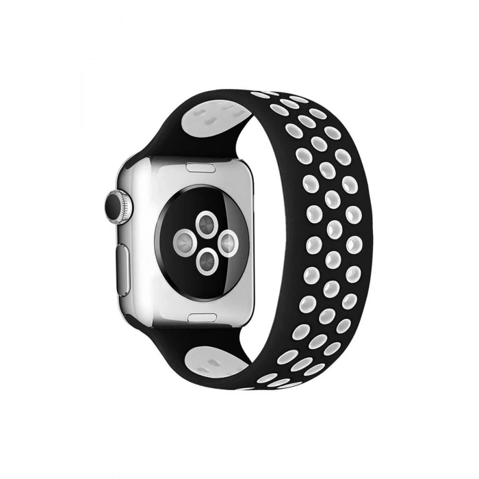 Mey İthalat®   Watch 38mm Ayarlı Delikli Silikon Kordon - Siyah-Beyaz