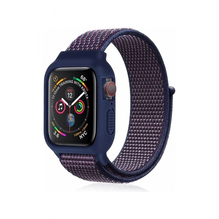 Mey İthalat®   Watch 38mm Hasırlı Cırtcırtlı Kasalı Kordon - Lacivert-Mürdüm