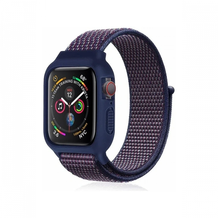Mey İthalat®   Watch 38mm Hasırlı Cırtcırtlı Kasalı Kordon - Lacivert-Mürdüm