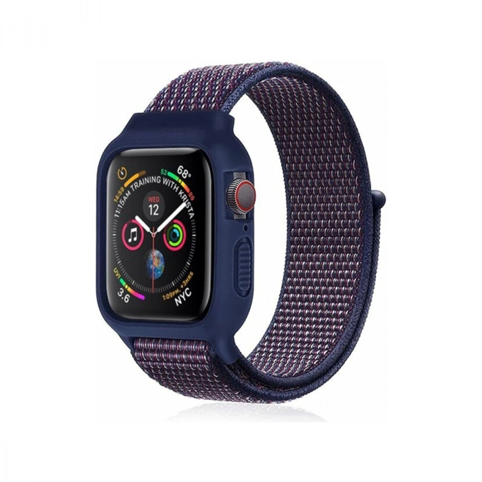 Mey İthalat®   Watch 38mm Hasırlı Cırtcırtlı Kasalı Kordon - Lacivert-Mürdüm
