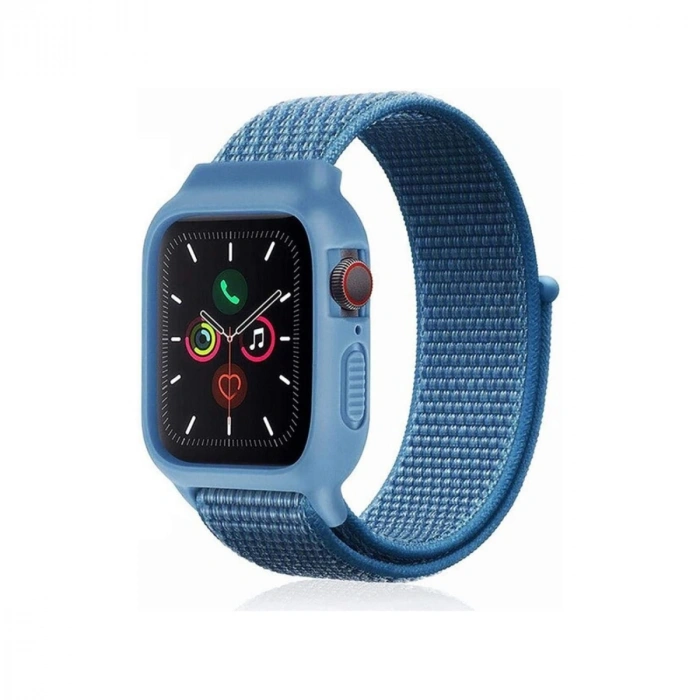 Mey İthalat®   Watch 38mm Hasırlı Cırtcırtlı Kasalı Kordon - Mavi