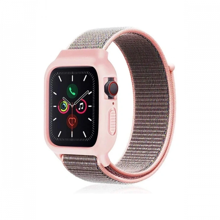 Mey İthalat®   Watch 38mm Hasırlı Cırtcırtlı Kasalı Kordon - Pembe