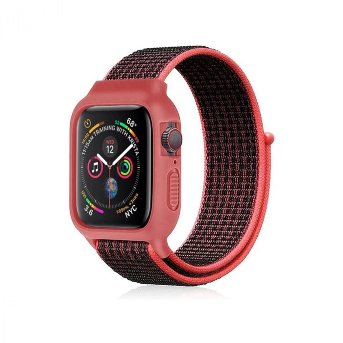 Mey İthalat®   Watch 38mm Hasırlı Cırtcırtlı Kasalı Kordon - Siyah-Pembe