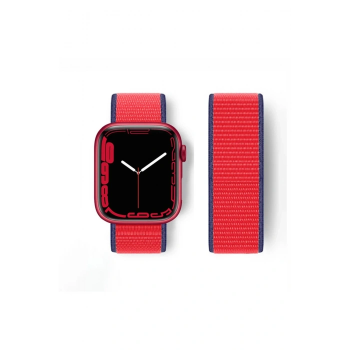 Mey İthalat®   Watch 38mm Hasırlı Cırtcırtlı Kordon - Lacivert-Kırmızı