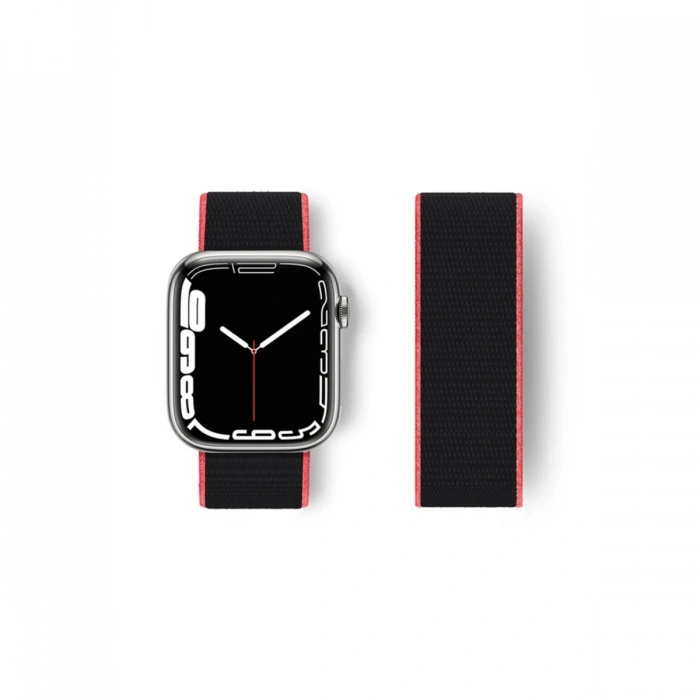 Mey İthalat®   Watch 38mm Hasırlı Cırtcırtlı Kordon - Pembe-Siyah