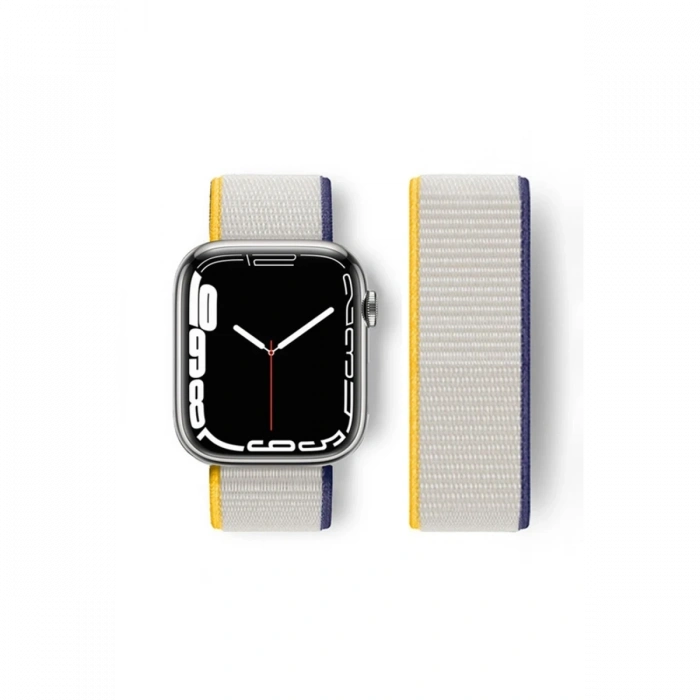 Mey İthalat®   Watch 38mm Hasırlı Cırtcırtlı Kordon - Sarı-Beyaz