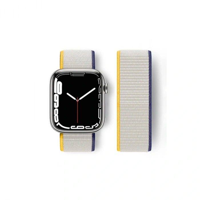 Mey İthalat®   Watch 38mm Hasırlı Cırtcırtlı Kordon - Sarı-Beyaz