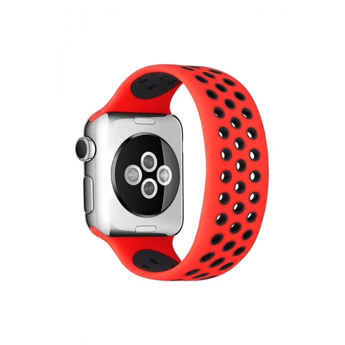 Mey İthalat®   Watch 42mm Ayarlı Delikli Silikon Kordon - Kırmızı-Siyah