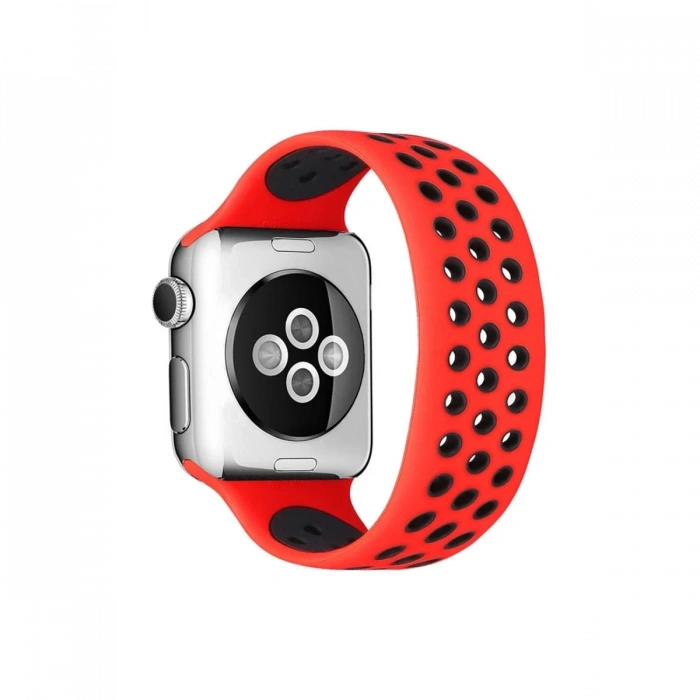 Mey İthalat®   Watch 42mm Ayarlı Delikli Silikon Kordon - Kırmızı-Siyah