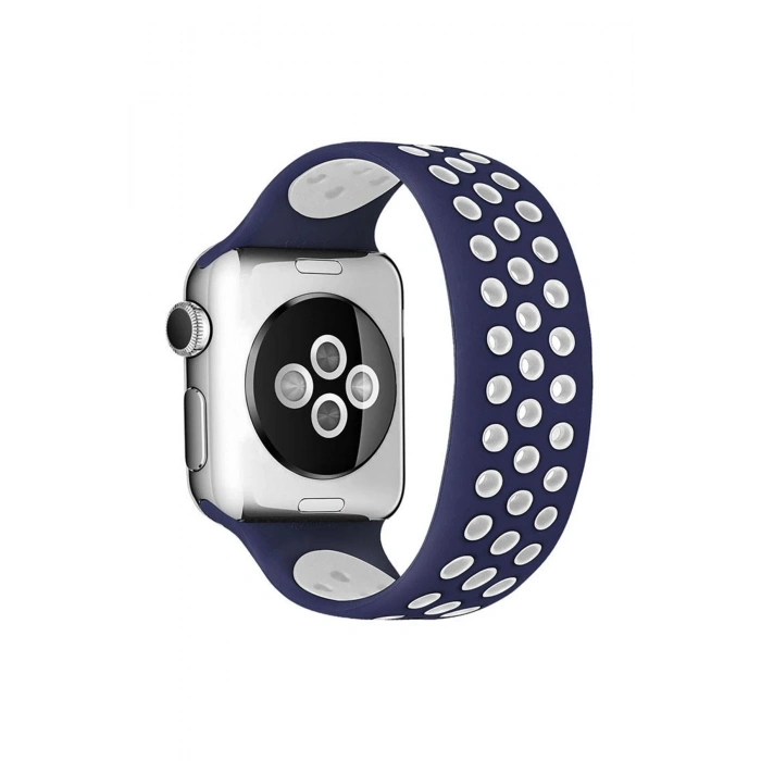 Mey İthalat®   Watch 42mm Ayarlı Delikli Silikon Kordon - Lacivert-Beyaz