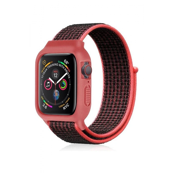 Mey İthalat®   Watch 42mm Hasırlı Cırtcırtlı Kasalı Kordon - Siyah-Pembe