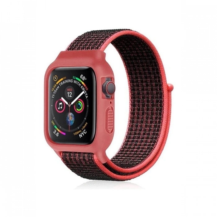 Mey İthalat®   Watch 42mm Hasırlı Cırtcırtlı Kasalı Kordon - Siyah-Pembe