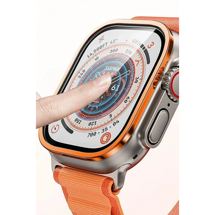Mey İthalat®   Watch Ultra 49mm Alüminyum Kasa Cam Ekran Koruyucu - Turuncu