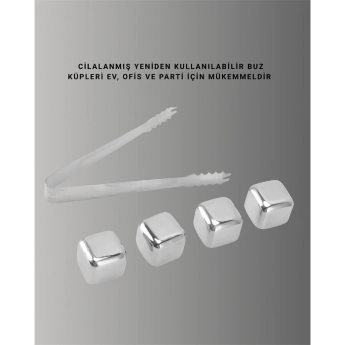 Mey İthalat® Yeniden Kullanılabilir 304 Çelik Metal Buz Küpleri 4lü Set