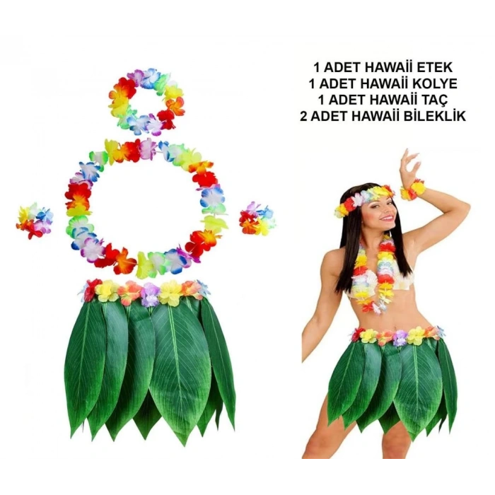 Mey İthalat® Yetişkin Hawaii Kostüm Seti - Yaprak Etek  ve Aksesuar Seti- 5 Parça