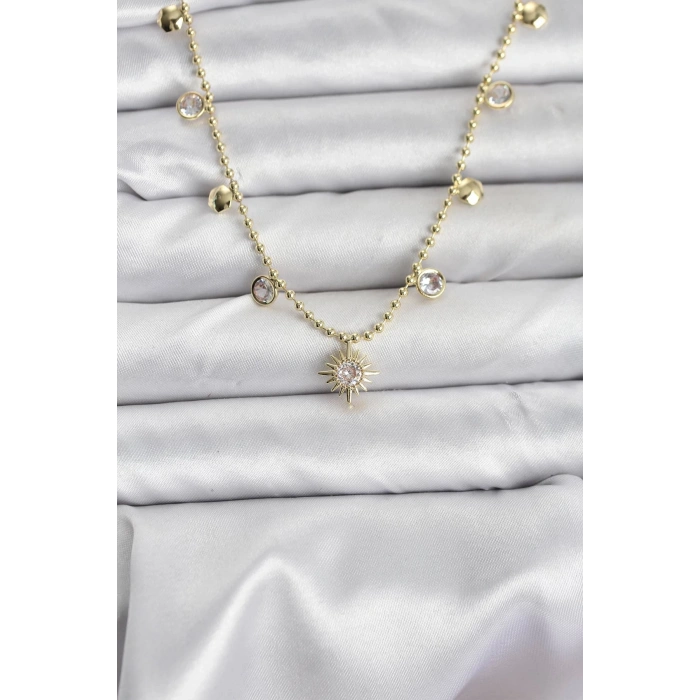 Mey İthalat® Zirkon Taşlı Kutup Yıldızı Model Pirinç Gold Renk Kadın Kolye