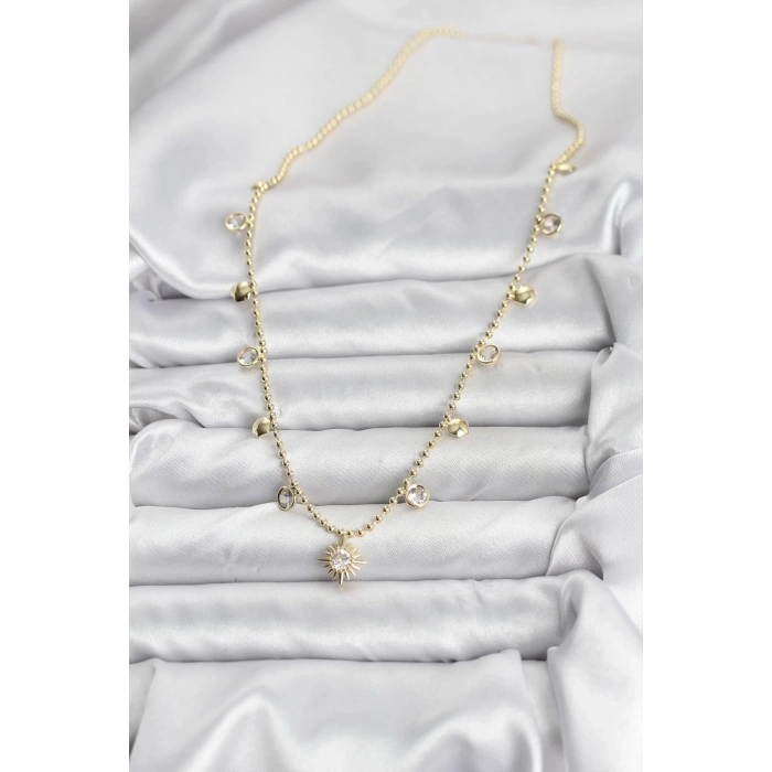Mey İthalat® Zirkon Taşlı Kutup Yıldızı Model Pirinç Gold Renk Kadın Kolye