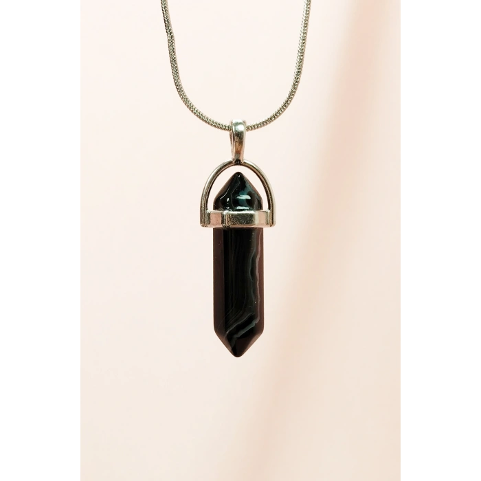 Obsidyen Doğal Taşı Zincirli El Yapımı Tasarımlı Kolye Uç: 3,5 cm Zincir: 20 cm Kutulu