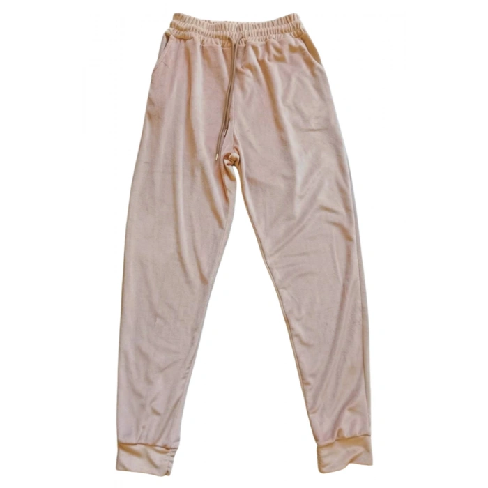 Parlak Kadife Cepli Pantolon Eşofman Pijama Altı Unisex Lastikli Paça Bej
