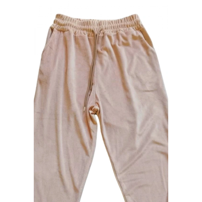 Parlak Kadife Cepli Pantolon Eşofman Pijama Altı Unisex Lastikli Paça Bej