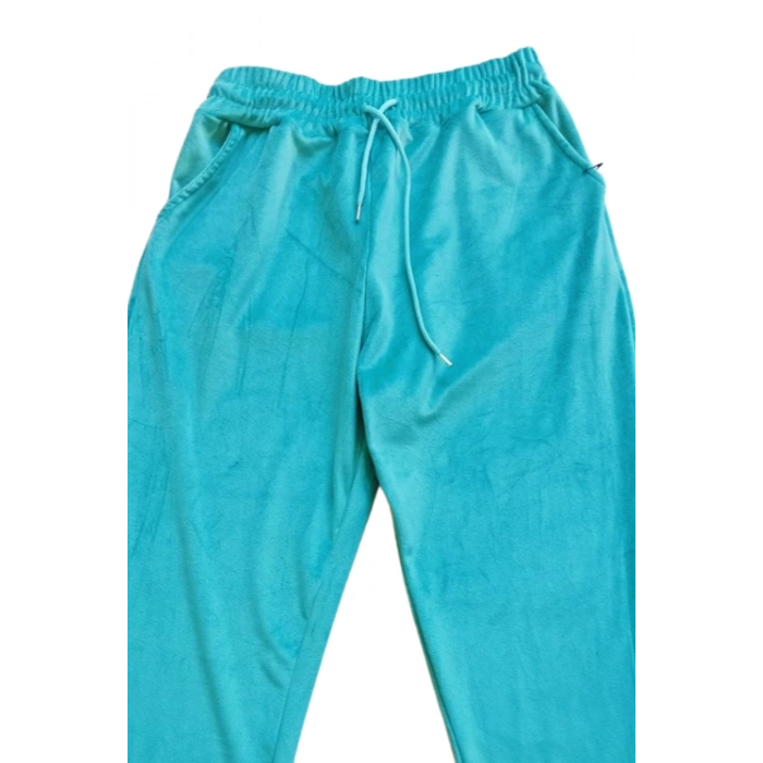 Parlak Kadife Cepli Pantolon Eşofman Pijama Altı Unisex Lastikli Paça Yeşil