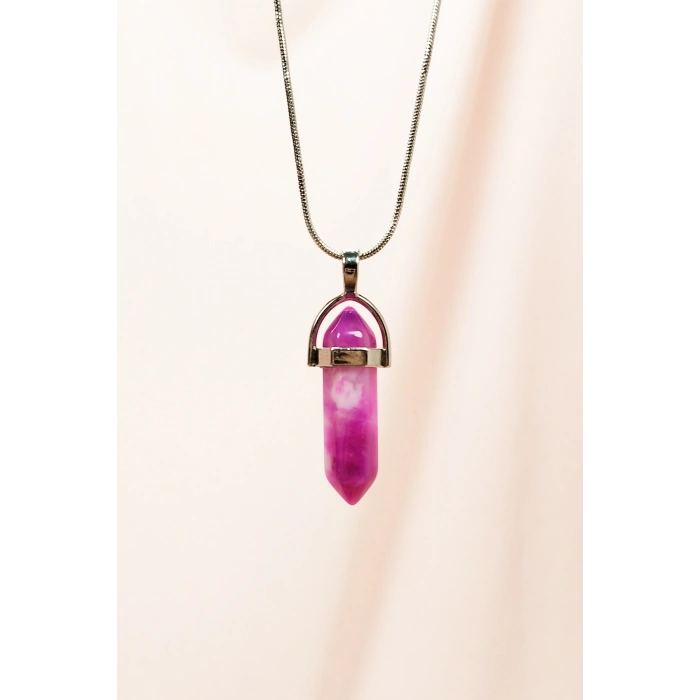 Pembe Akit Doğal Taşı Zincirli El Yapımı Tasarımlı Kolye Uç: 3,5 cm Zincir: 20 cm Kutulu
