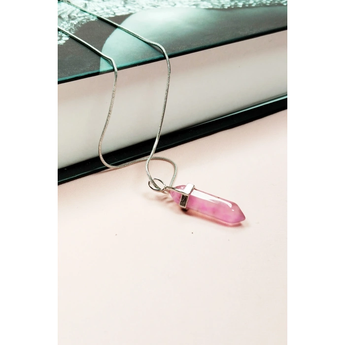 Pembe Kuvars Doğal Taşı Zincirli El Yapımı Tasarımlı Kolye Uç: 3,5 cm Zincir: 20 cm Kutulu