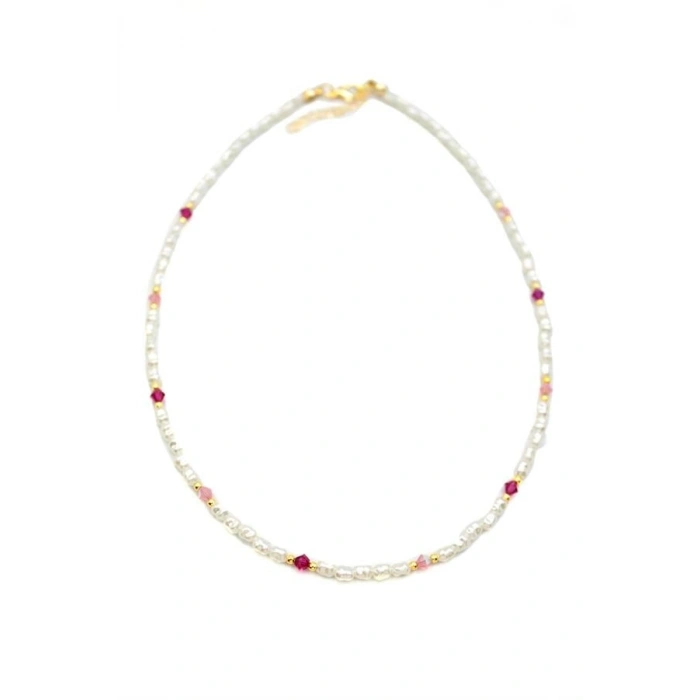 Renkli Boncuklu İnci Kolye - Fuşya