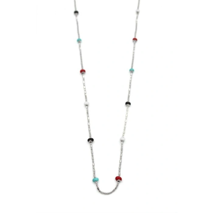 Renkli Boncuklu Zincir Kolye - Gümüş