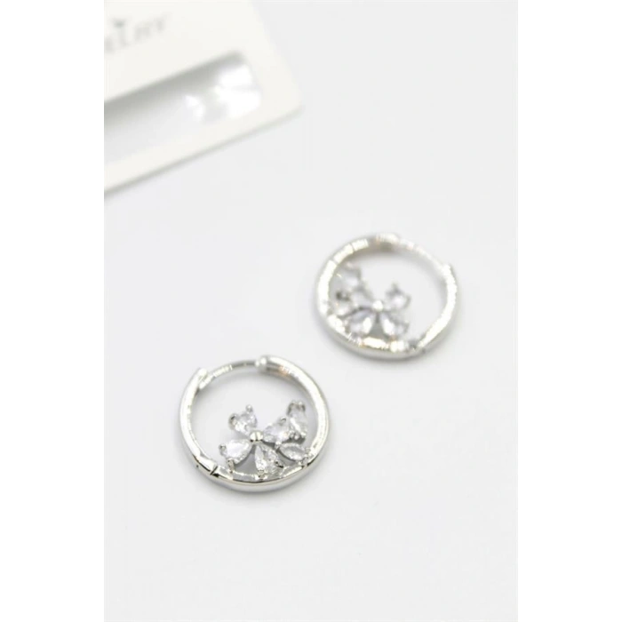 Taşlı Çiçek Küpe - Gümüş