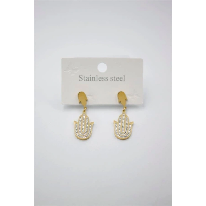 Taşlı Fatıma Eli Küpe - Altın