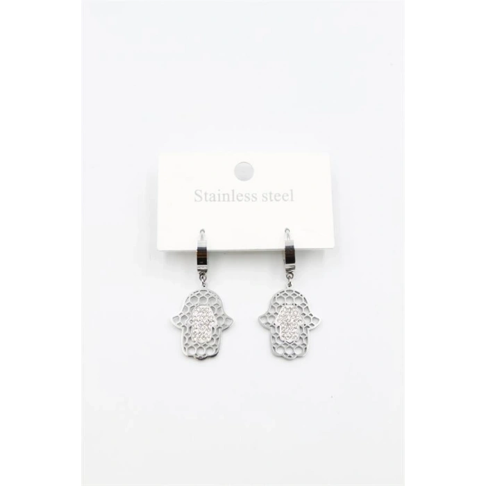 Taşlı Fatıma Eli Küpe - Gümüş