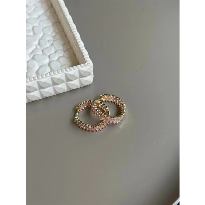 Taşlı Halka Küpe - Pembe