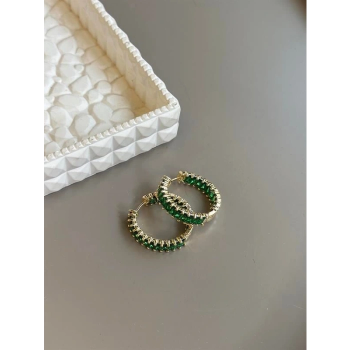 Taşlı Halka Küpe - Yeşil