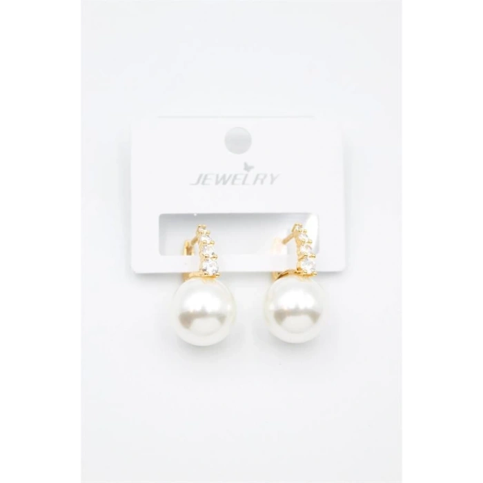 Taşlı İnci Küpe - Altın